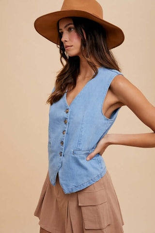 Annie Wear Button Down V-Neck Denim Vest - 1985 the VAULT Boutique