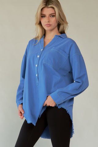 Davi & Dani Letter Back Raw Hem Half Button Shirt - 1985 the VAULT Boutique