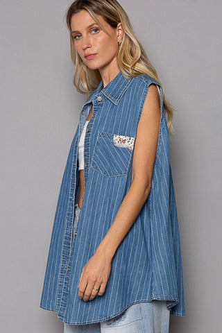 POL Button Down Sleeveless Striped Denim Shirt - 1985 the VAULT Boutique