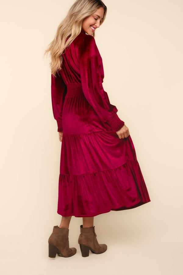 Haptics Mock Neck Smocked Waist Velvet Tiered Dress - 1985 the VAULT Boutique