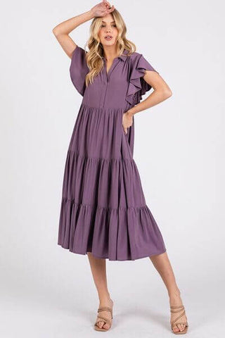 Mittoshop Ruffle Sleeve Collared V Neck Tiered Midi Dress - 1985 the VAULT Boutique