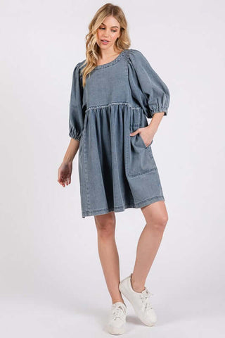 Mittoshop Washed Round Neck Puff Sleeve Denim Dress - 1985 the VAULT Boutique