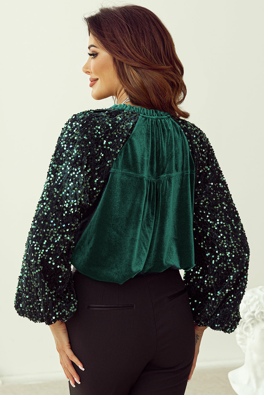 Sequin Notched Long Sleeve Blouse - 1985 the VAULT Boutique