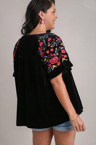 Umgee Full Size Velvet Embroidery Short Sleeve Blouse - 1985 the VAULT Boutique