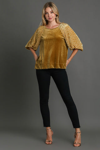 Umgee Round Neck Leopard Balloon Sleeve Velvet Top - 1985 the VAULT Boutique