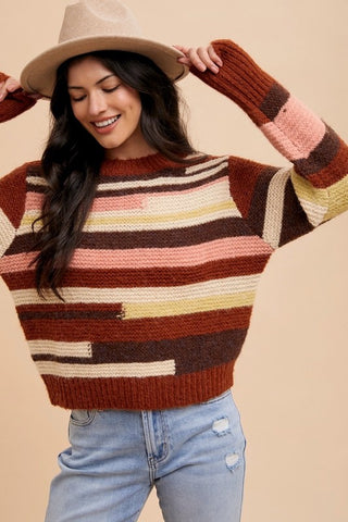 Annie Wear Color Block Round Neck Long Sleeve Sweater - 1985 the VAULT Boutique