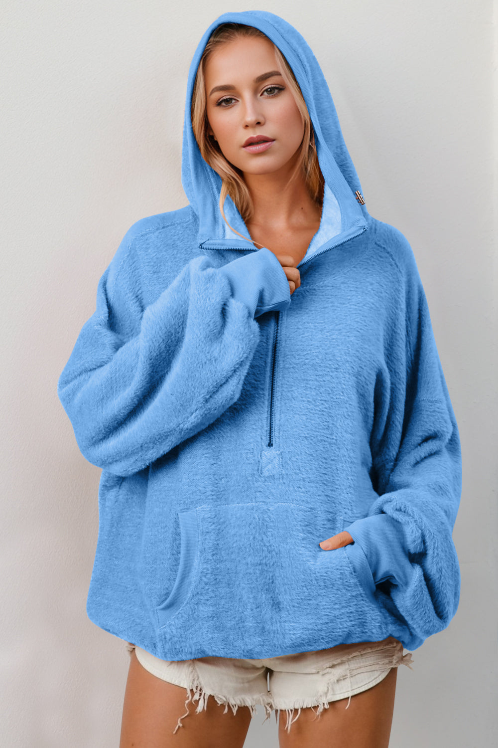 Double Take Half Zip Long Sleeve Hoodie with Kangaroo Pocket - 1985 the VAULT Boutique