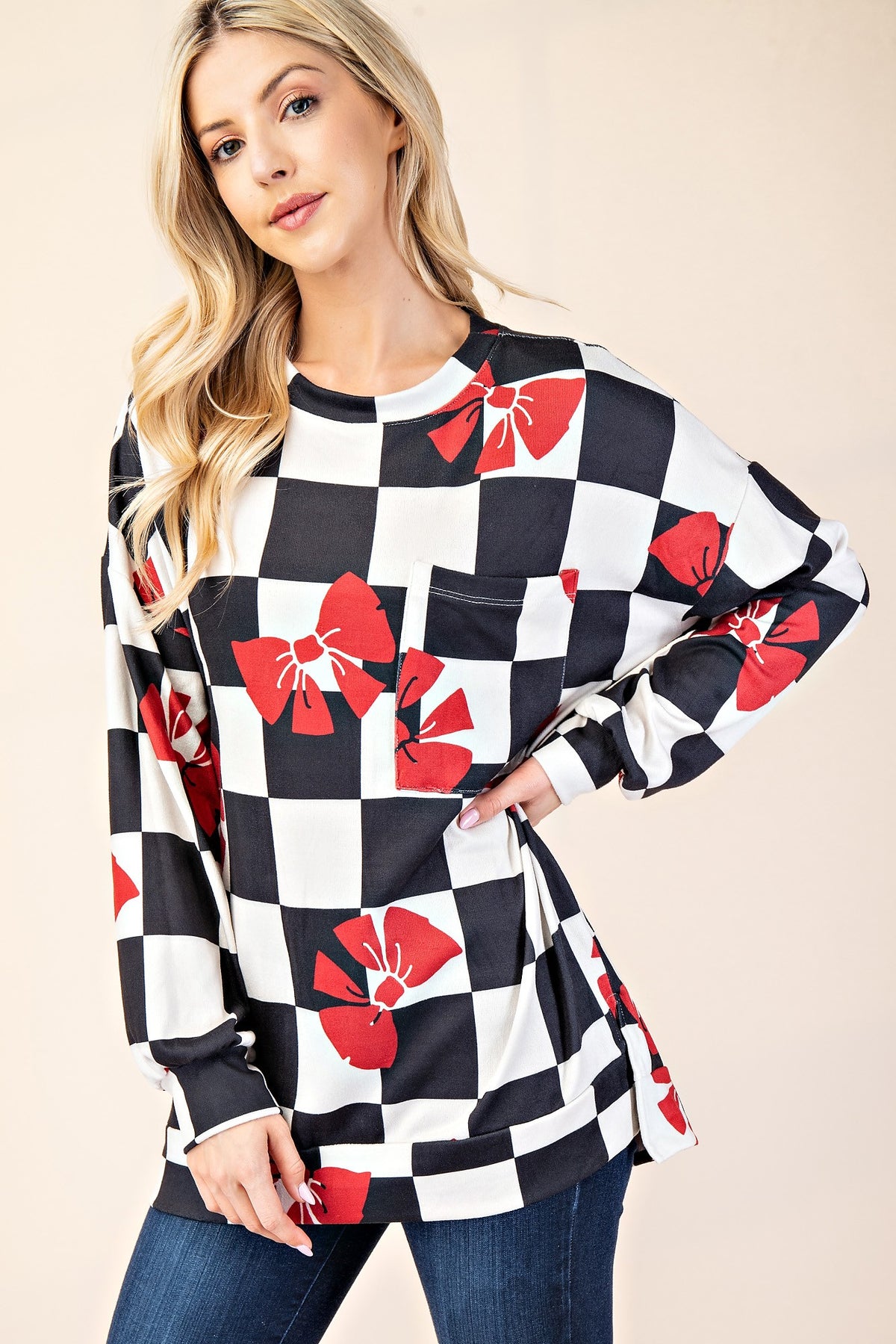 Celeste Full Size Checkered Bow Print Round Neck T-Shirt - 1985 the VAULT Boutique