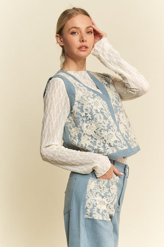 Davi & Dani Lace Patch Open Front Denim Vest - 1985 the VAULT Boutique