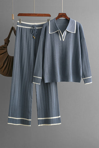 Contrast Trim Johnny Collar Top and Drawstring Pants Sweater Set - 1985 the VAULT Boutique