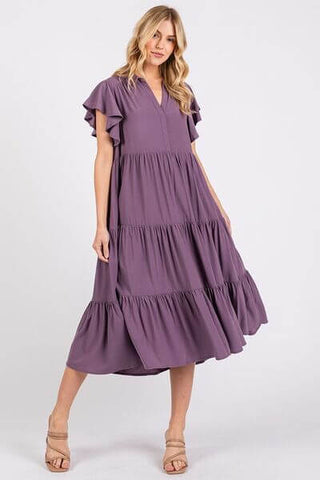 Mittoshop Ruffle Sleeve Collared V Neck Tiered Midi Dress - 1985 the VAULT Boutique