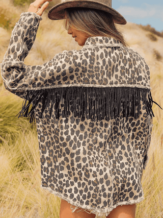 Leopard Fringe Detail Collared Neck Denim Jacket - 1985 the VAULT Boutique