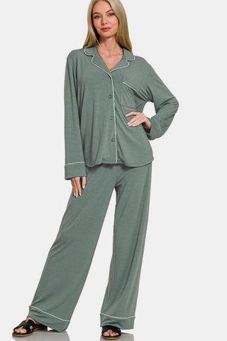 Zenana Button Down Long Sleeve Top and Pants Lounge Set - 1985 the VAULT Boutique