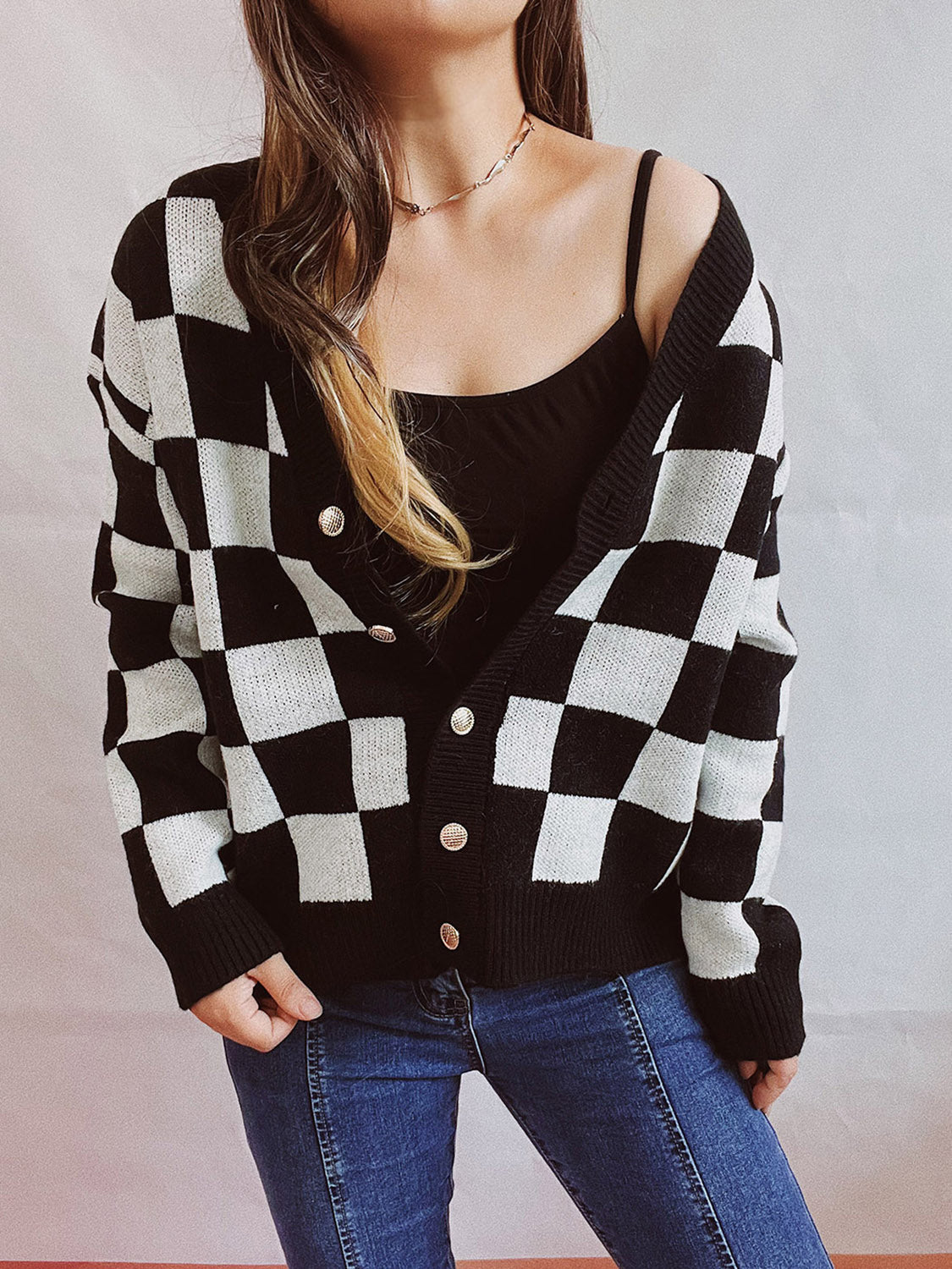 Checkered Open Front Button Up Cardigan - 1985 the VAULT Boutique