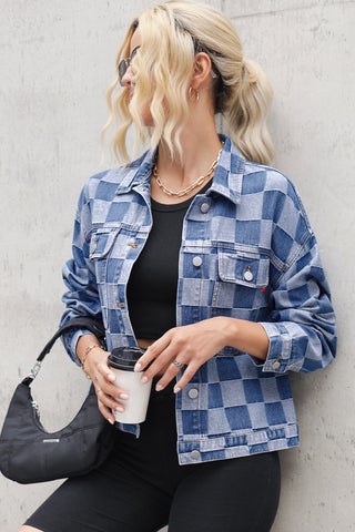 Checkered Button Up Long Sleeve Denim Jacket - 1985 the VAULT Boutique