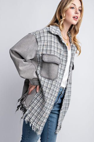 TWEED MIXED DENIM JACKET SHACKET WITH FRINGED HEM - 1985 the VAULT Boutique