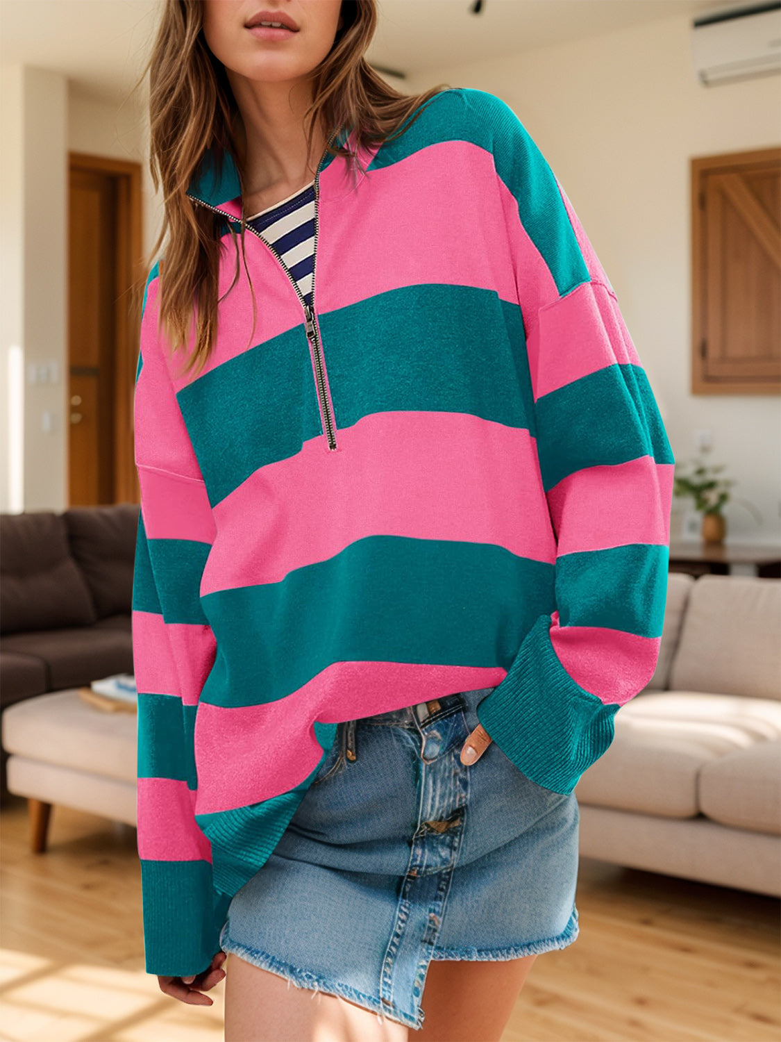 Color Block Half Zip Long Sleeve Sweater - 1985 the VAULT Boutique