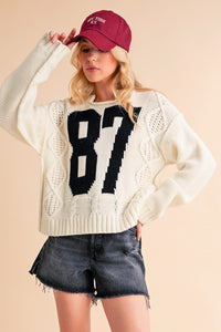 Aemi+Co Contrast Number Cable Knit Drop Shoulder Sweater - 1985 the VAULT Boutique