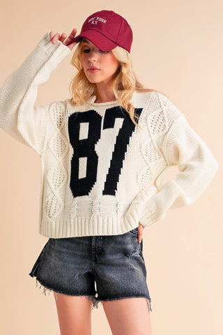 Aemi+Co Contrast Number Cable Knit Drop Shoulder Sweater - 1985 the VAULT Boutique