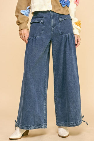 Davi & Dani Drawstring Hem Wide Leg Mid Rise Jeans - 1985 the VAULT Boutique