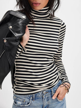 Exposed Seam Striped Turtleneck Long Sleeve T-Shirt - 1985 the VAULT Boutique