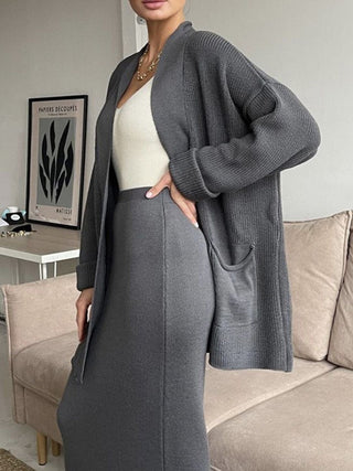 Pocketed Long Sleeve Cardigan and Skirt Sweater Set - 1985 the VAULT Boutique