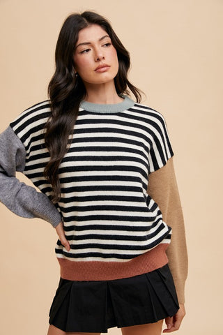 Annie Wear Striped Color Block Round Neck Sweater - 1985 the VAULT Boutique