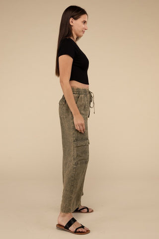 Washed Linen Elastic Band Waist Cargo Pants - 1985 the VAULT Boutique