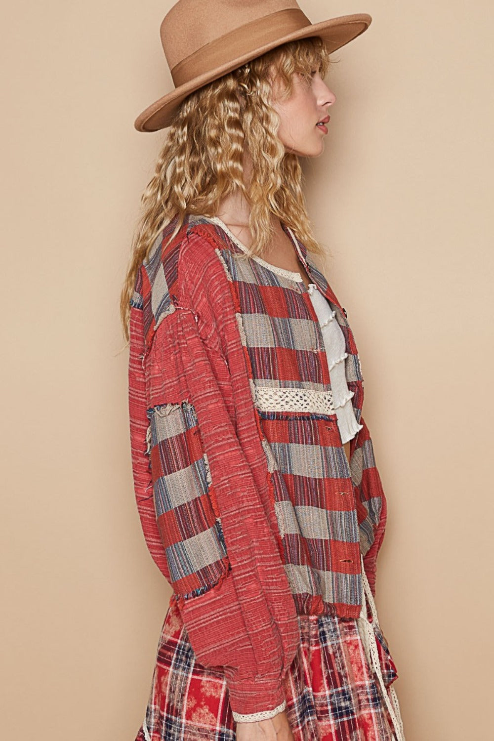 POL Round Neck Long Sleeve Plaid Shirt - 1985 the VAULT Boutique