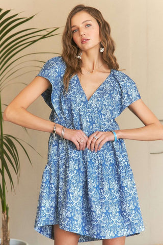 ADORA Printed V-Neck Ruffle Sleeve Mini Dress