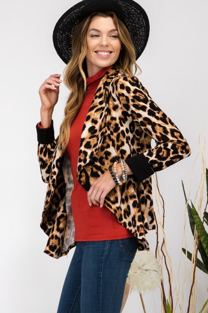 Celeste Full Size Leopard Open Front Long Sleeve Blazer - 1985 the VAULT Boutique