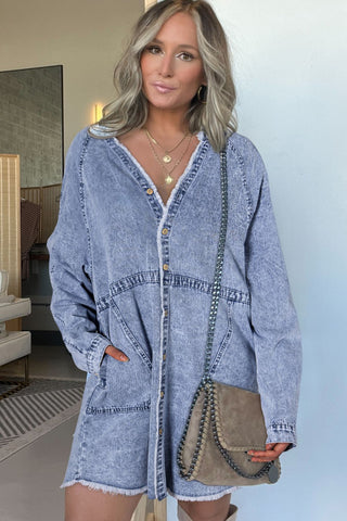 Raw Hem Button Down Long Sleeve Denim Dress - 1985 the VAULT Boutique