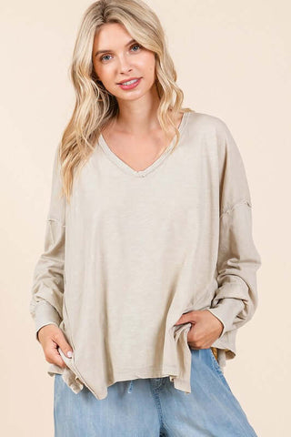 Mittoshop Mineral Wash V-Neck Long Sleeve Oversized Top - 1985 the VAULT Boutique