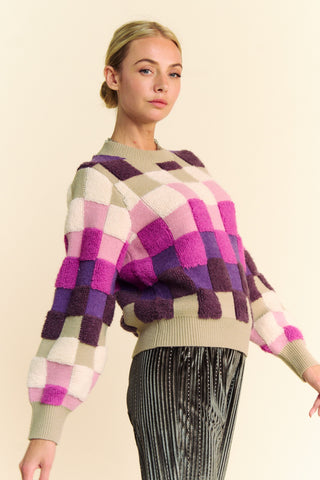 Davi & Dani Checkered Round Neck Long Sleeve Sweater - 1985 the VAULT Boutique