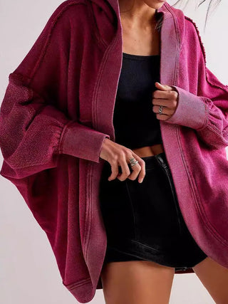 Exposed Seam Open Front Batwing Sleeve Hooded Cardigan - 1985 the VAULT Boutique