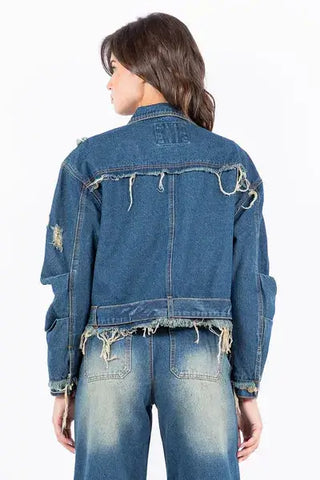 American Bazi Distressed Frayed Edge Zip Up Denim Jacket - 1985 the VAULT Boutique