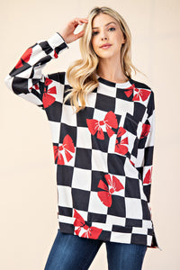 Celeste Full Size Checkered Bow Print Round Neck T-Shirt - 1985 the VAULT Boutique