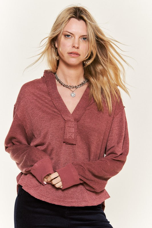 Deep V-neck Collared Long Sleeve Knit Top - 1985 the VAULT Boutique