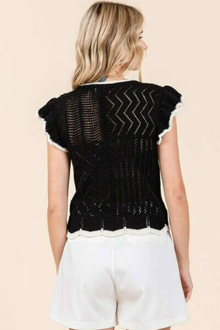 Mittoshop Openwork Contrast Trim Ruffled Cap Sleeve Knit Top - 1985 the VAULT Boutique