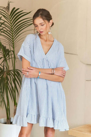 ADORA Ruffled Hem Striped V-Neck Babydoll Dress - 1985 the VAULT Boutique