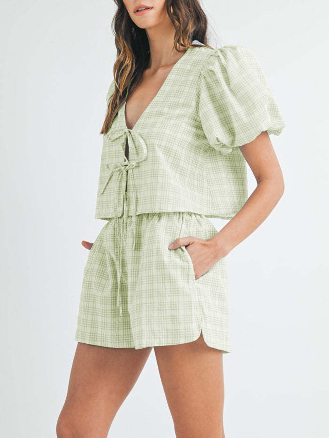 V-Neck Puff Sleeve Top and Shorts Set - 1985 the VAULT Boutique