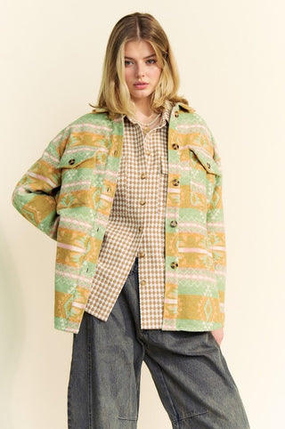 Davi & Dani High-Low Geometric Long Sleeve Shacket with Pockets - 1985 the VAULT Boutique