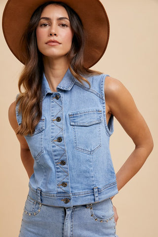 Annie Wear Collared Neck Button Down Denim Vest - 1985 the VAULT Boutique