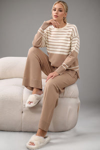 Striped Round Neck Long Sleeve Top and Pants Sweater Set - 1985 the VAULT Boutique