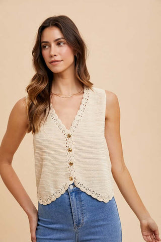 Annie Wear Crochet Trim Button Down Sweater Vest - 1985 the VAULT Boutique