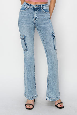 RISEN Full Size High Rise Cargo Flare Jeans - 1985 the VAULT Boutique