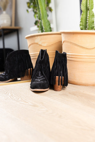 Amos Fringe Ankle Bootie in Black Suede - 1985 the VAULT Boutique