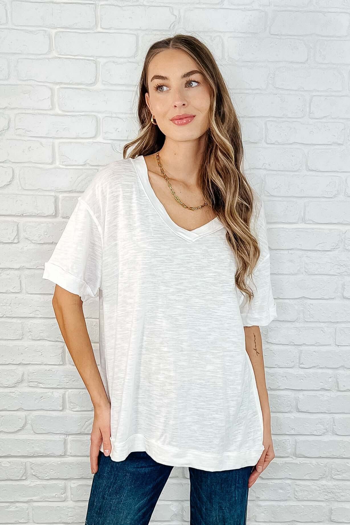 Basic Instinct Drop Shoulder V-Neck Tee in Ivory