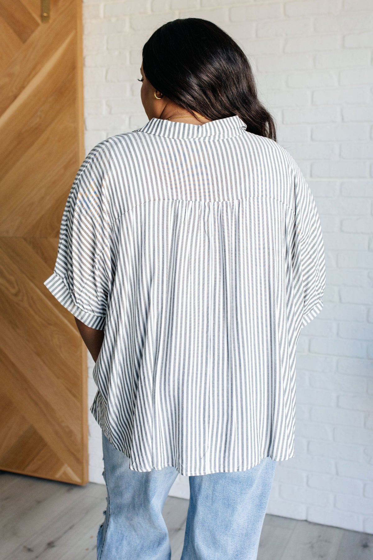 Boxy Striped Button Up in Black - 1985 the VAULT Boutique