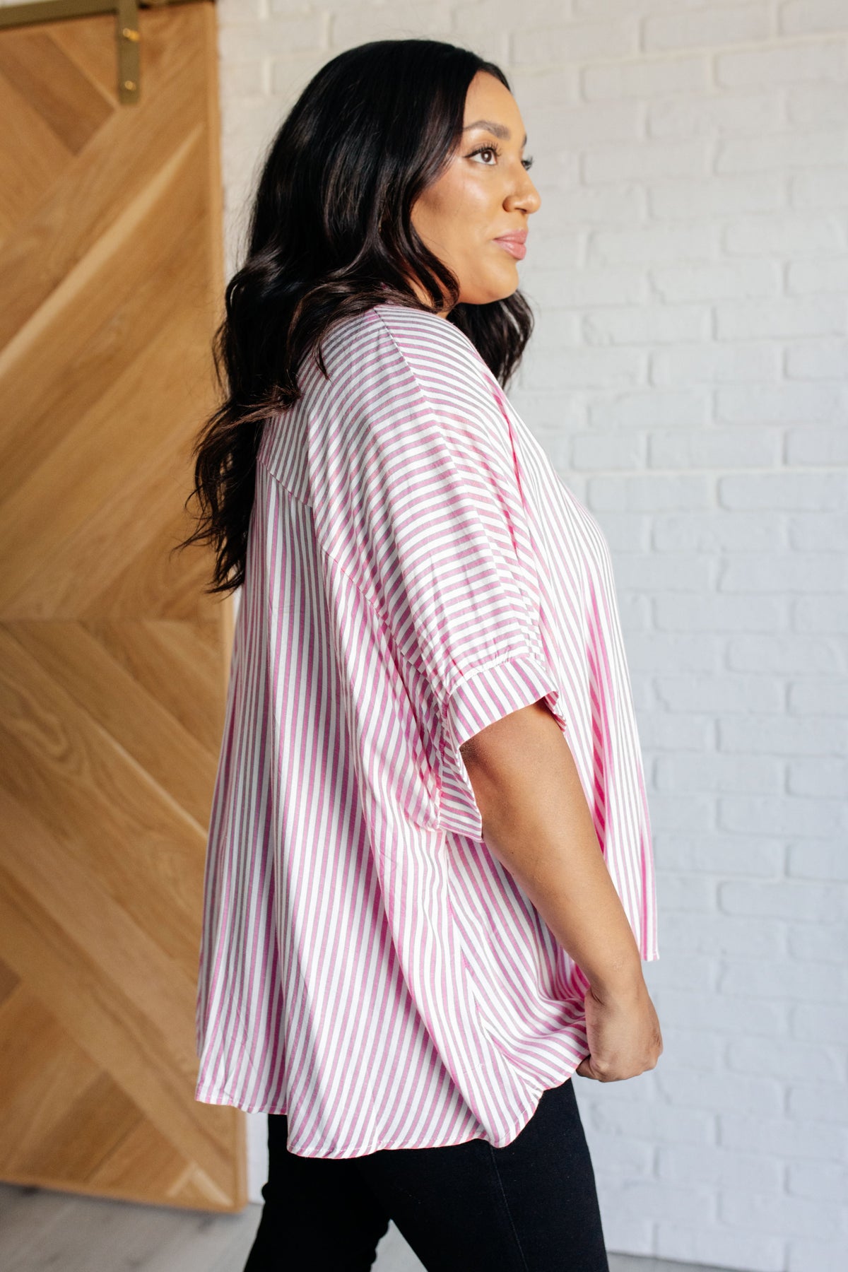 Boxy Striped Button Up in Hot Pink - 1985 the VAULT Boutique